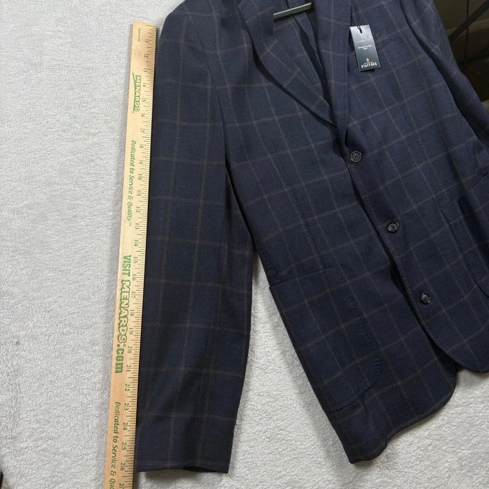 Stafford Mens Navy Windowpane Wool Blend‎ Sport Coat Blazer 46L Classic Fit NEW